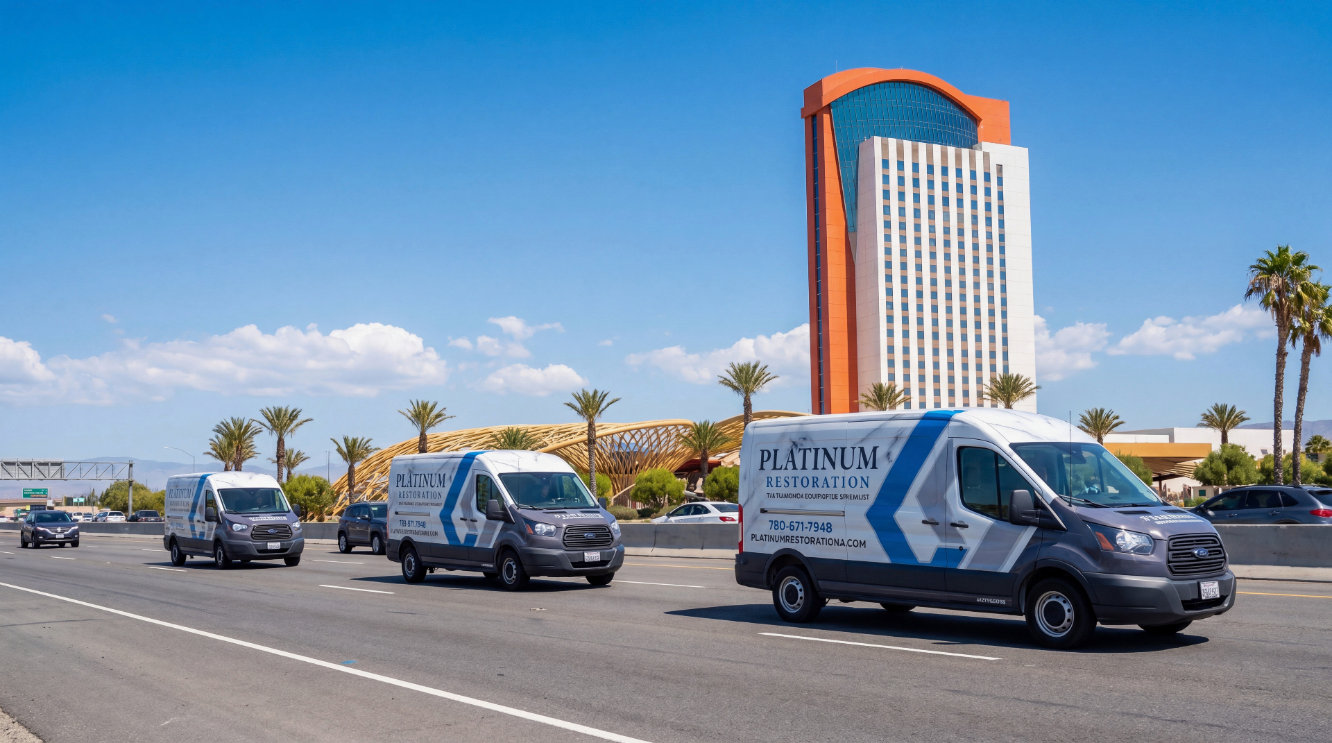 Platinum Restoration crew vans traveling to a Coachella Valley job